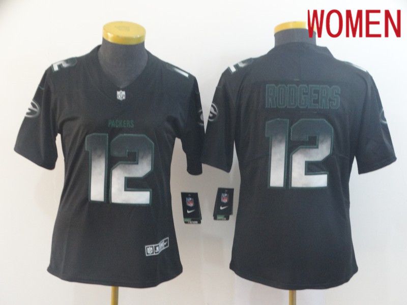 Women Green Bay Packers 12 Rodgers Nike Teams Black Smoke Fashion Limited NFL Jerseys